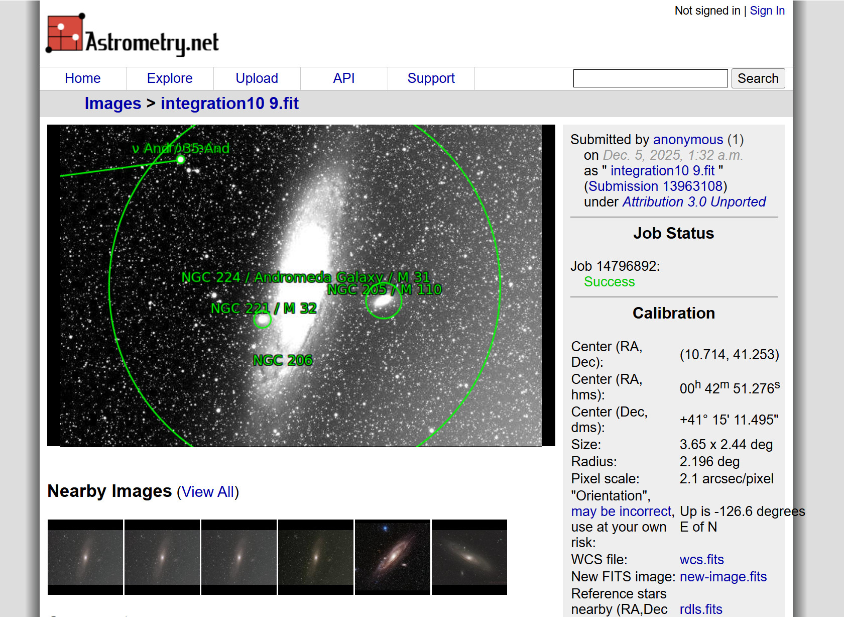 Современная страница результата Astrometry.net для поля M31 с аннотацией и панелью Calibration