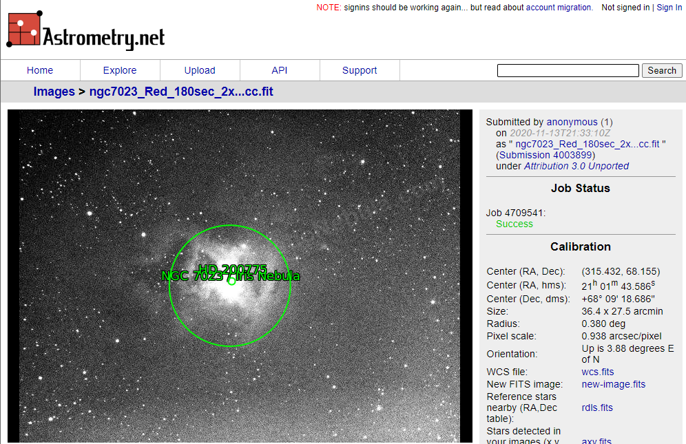 Результат Astrometry.net для NGC 7023 с найденной калибровкой и аннотированным полем