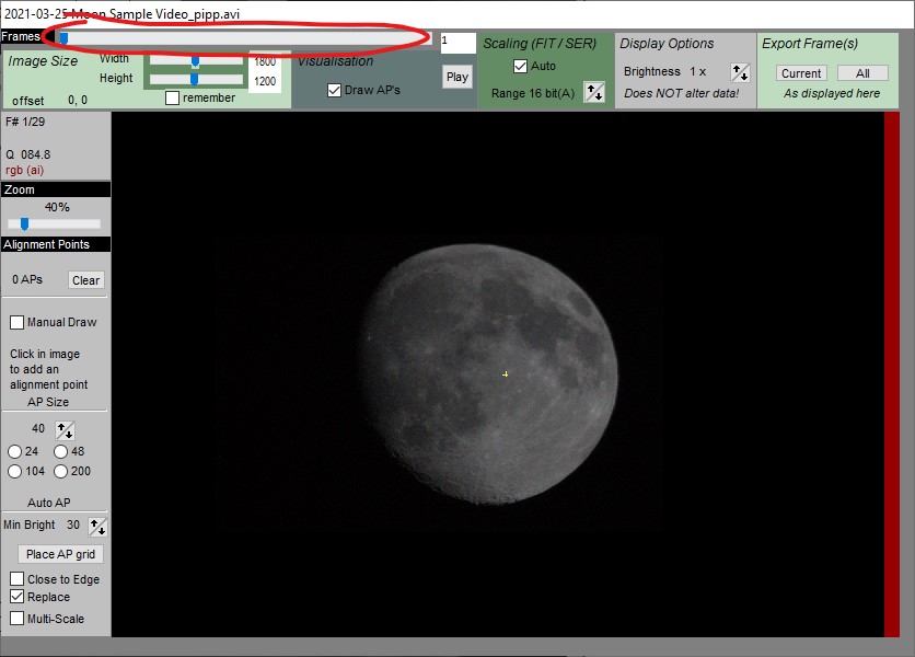 Frame View AutoStakkert! с просмотром отдельного лунного кадра