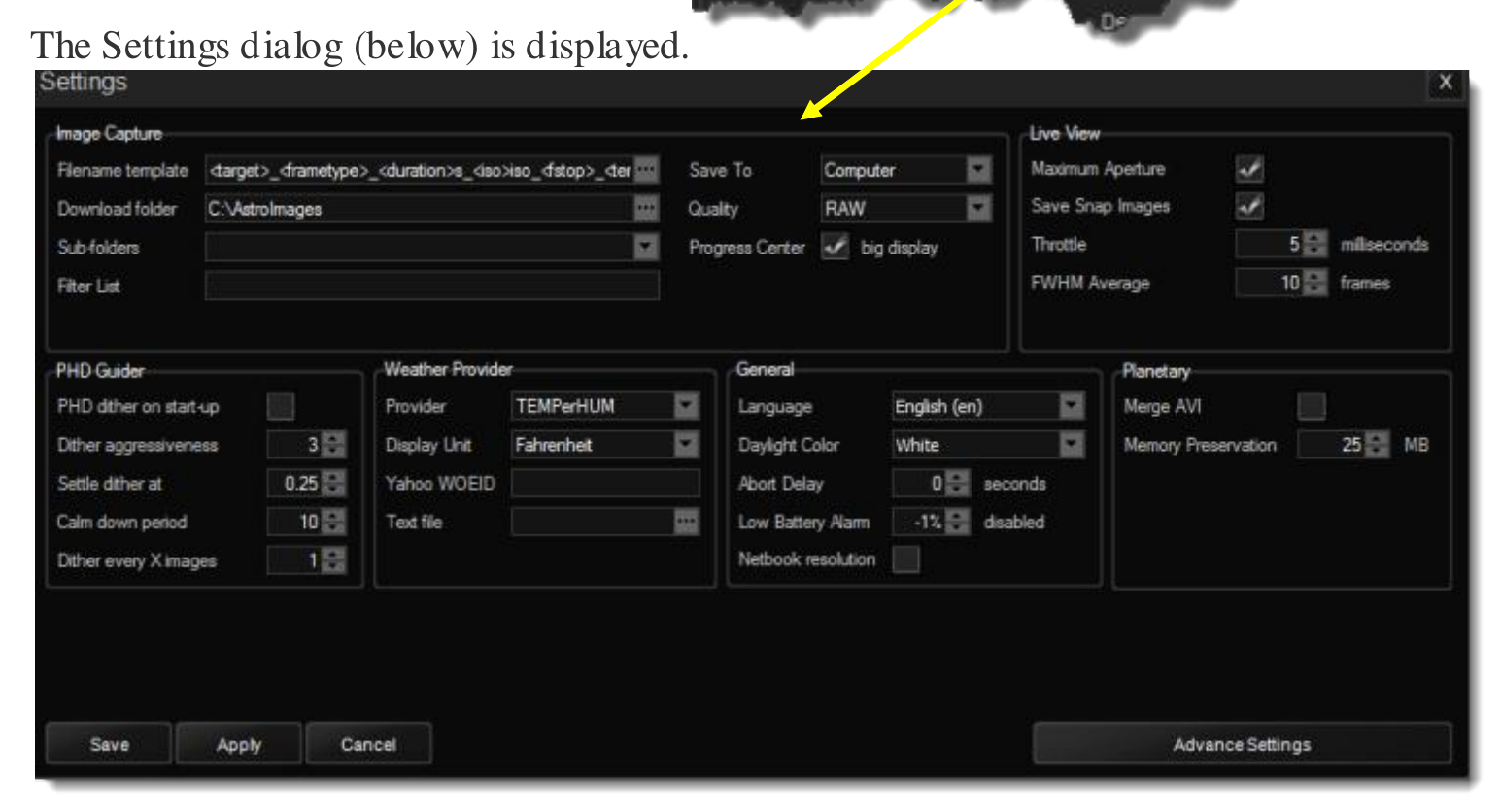 Основной диалог Settings BackyardEOS