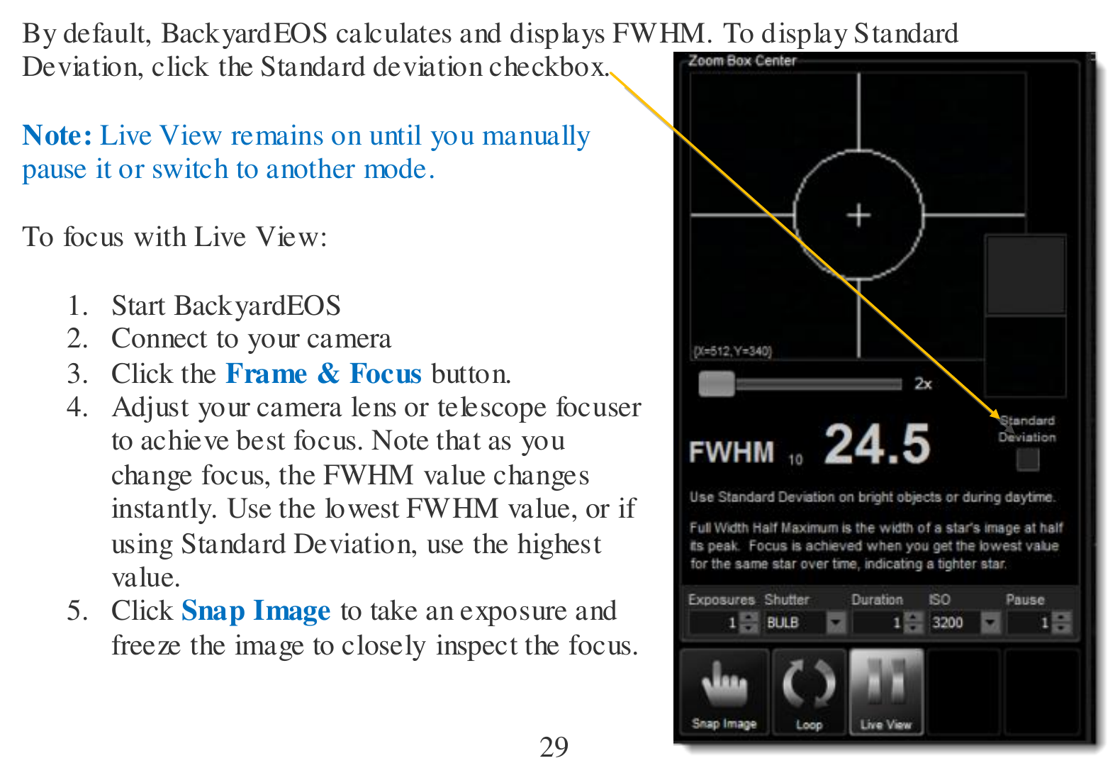 FWHM и Standard Deviation для фокусировки BackyardEOS