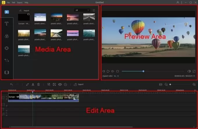Области медиатеки, предпросмотра и редактирования в BeeCut