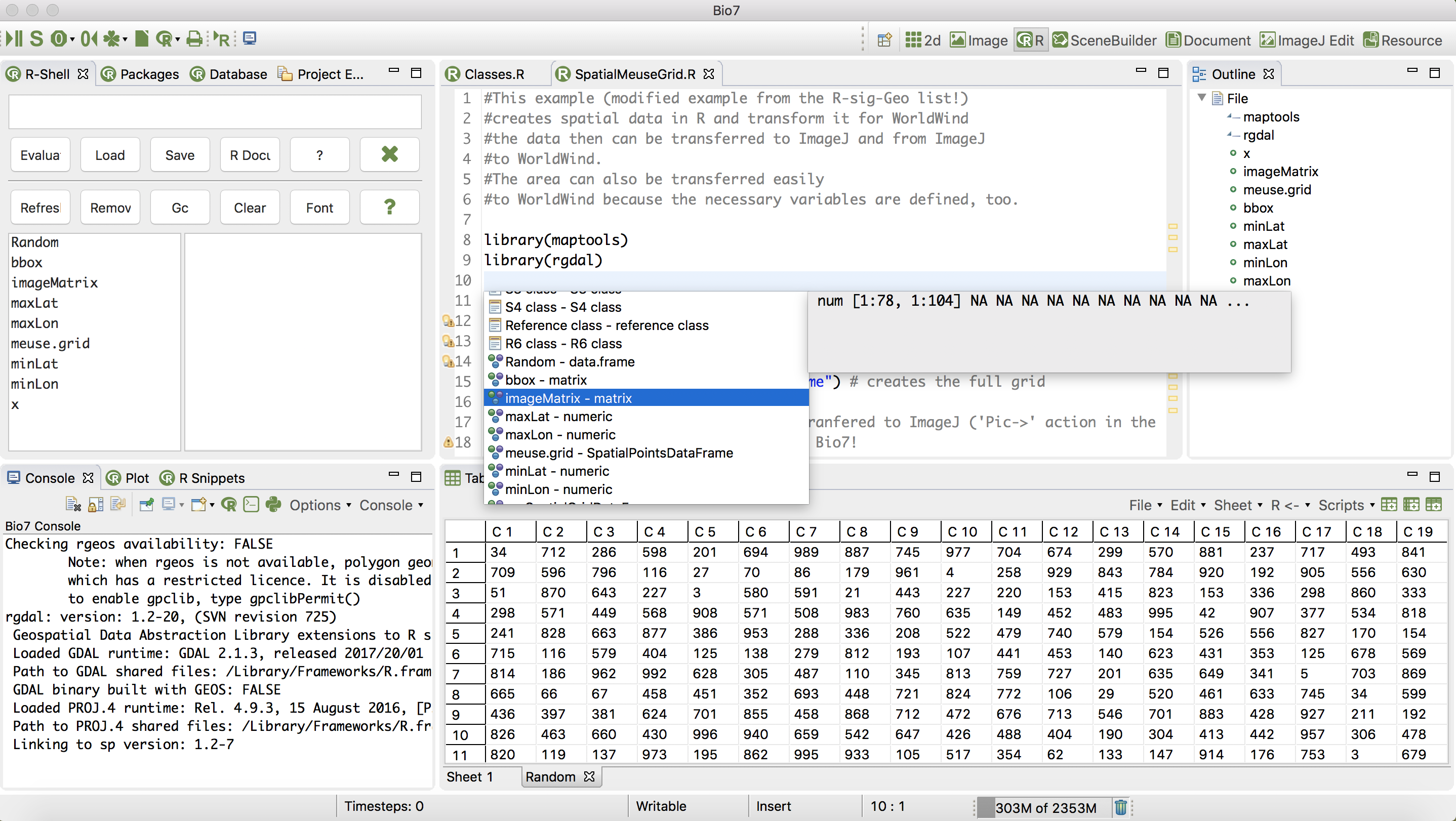 Bio7 на macOS с R-Shell, R-редактором и таблицей
