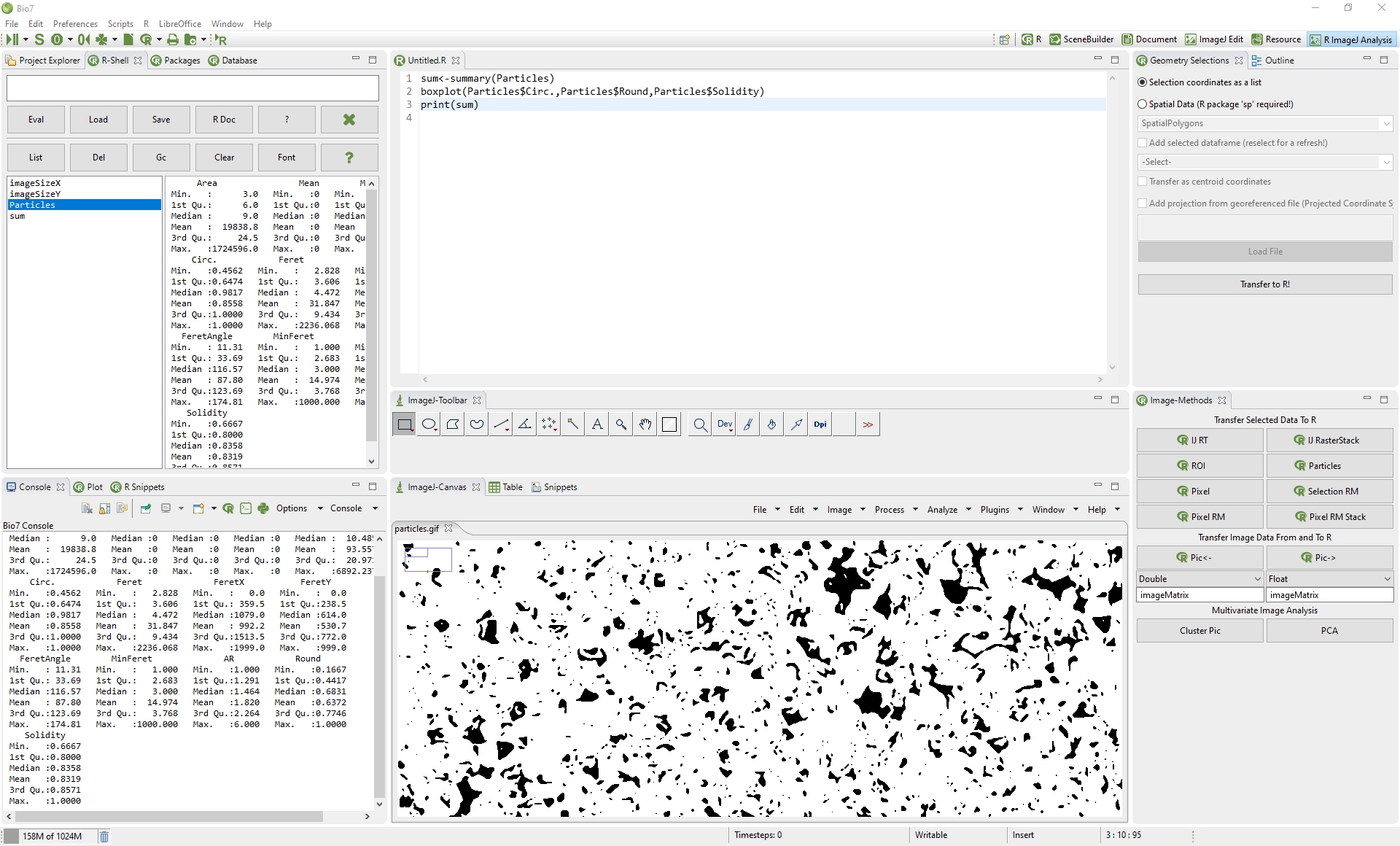 R ImageJ Analysis в Bio7 с результатами частиц, R-кодом и изображением