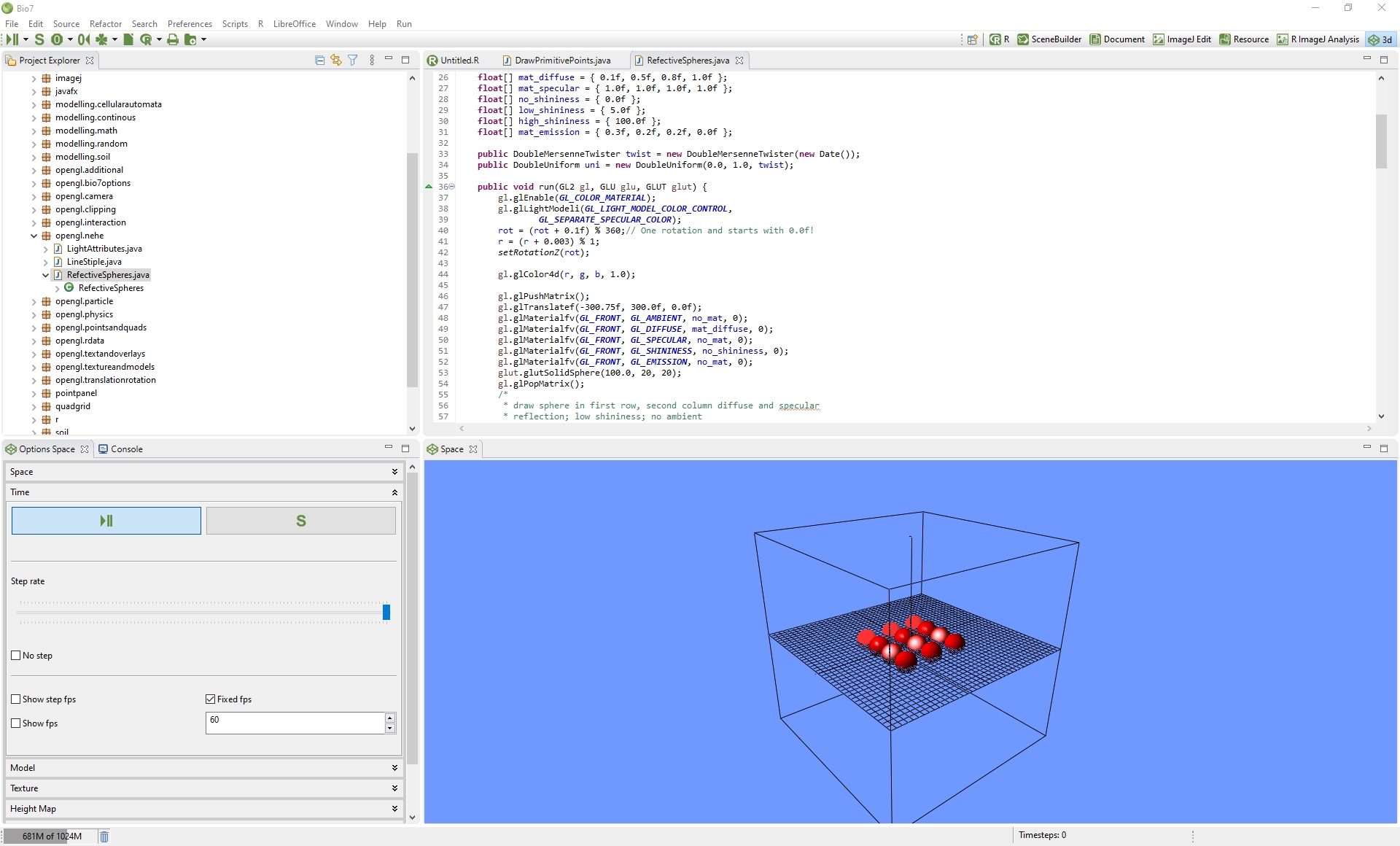 3D-перспектива Bio7 с OpenGL-сценой и Java-кодом
