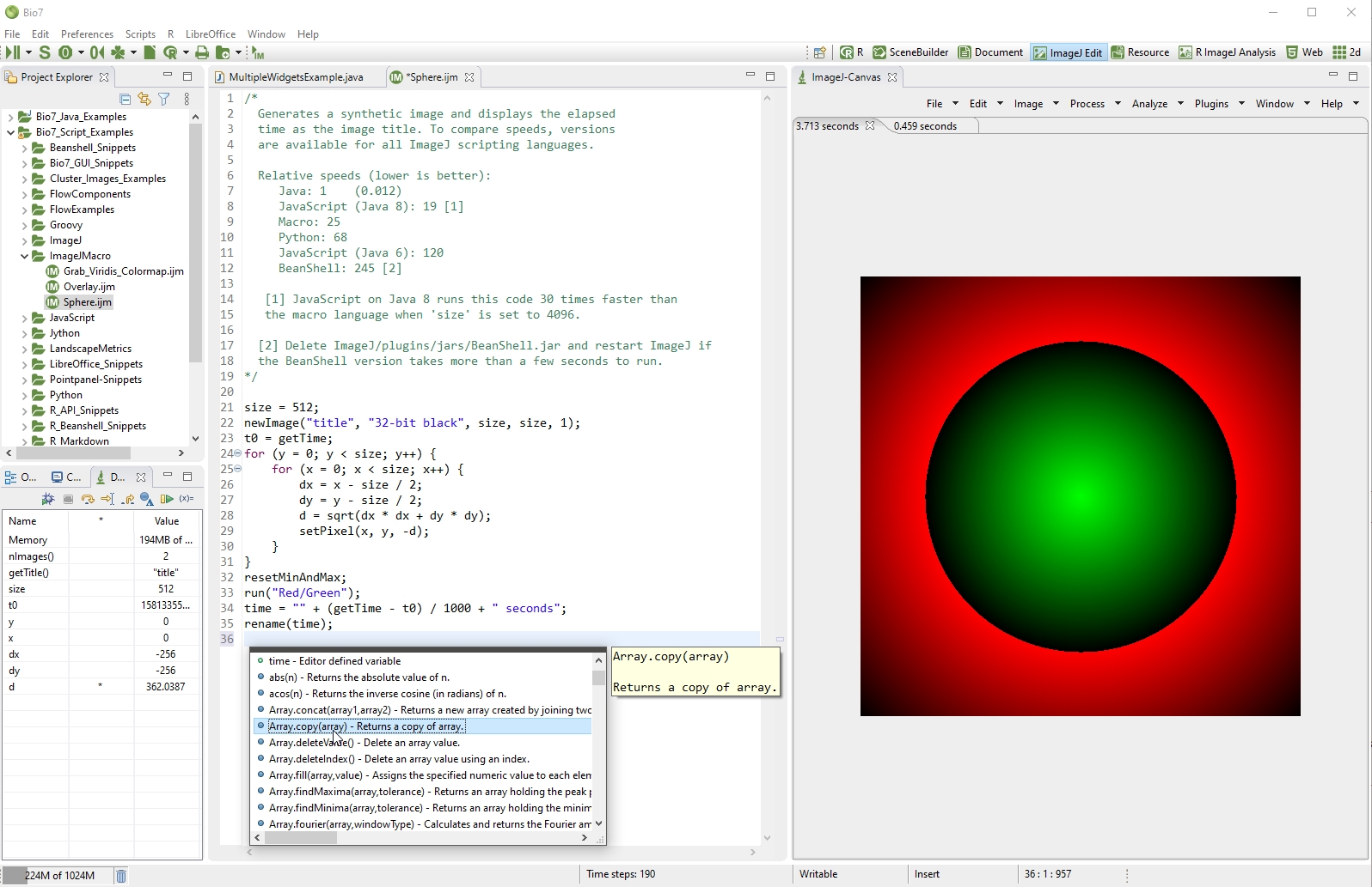 ImageJ Macro Editor в Bio7 с автодополнением и отладкой