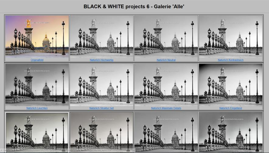 Галерея вариантов Black & White Projects для быстрого сравнения пресетов