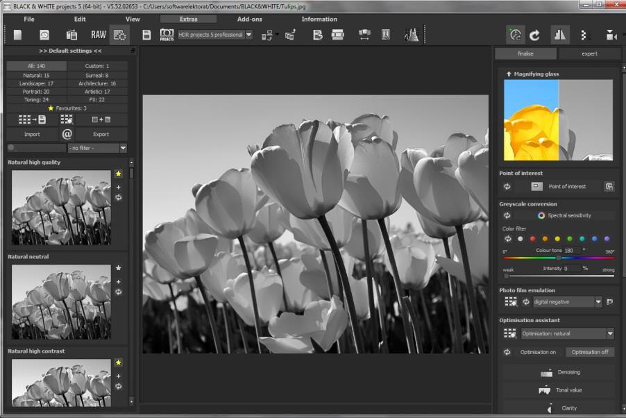 Основное окно Black & White Projects с панелью пресетов и средствами финализации