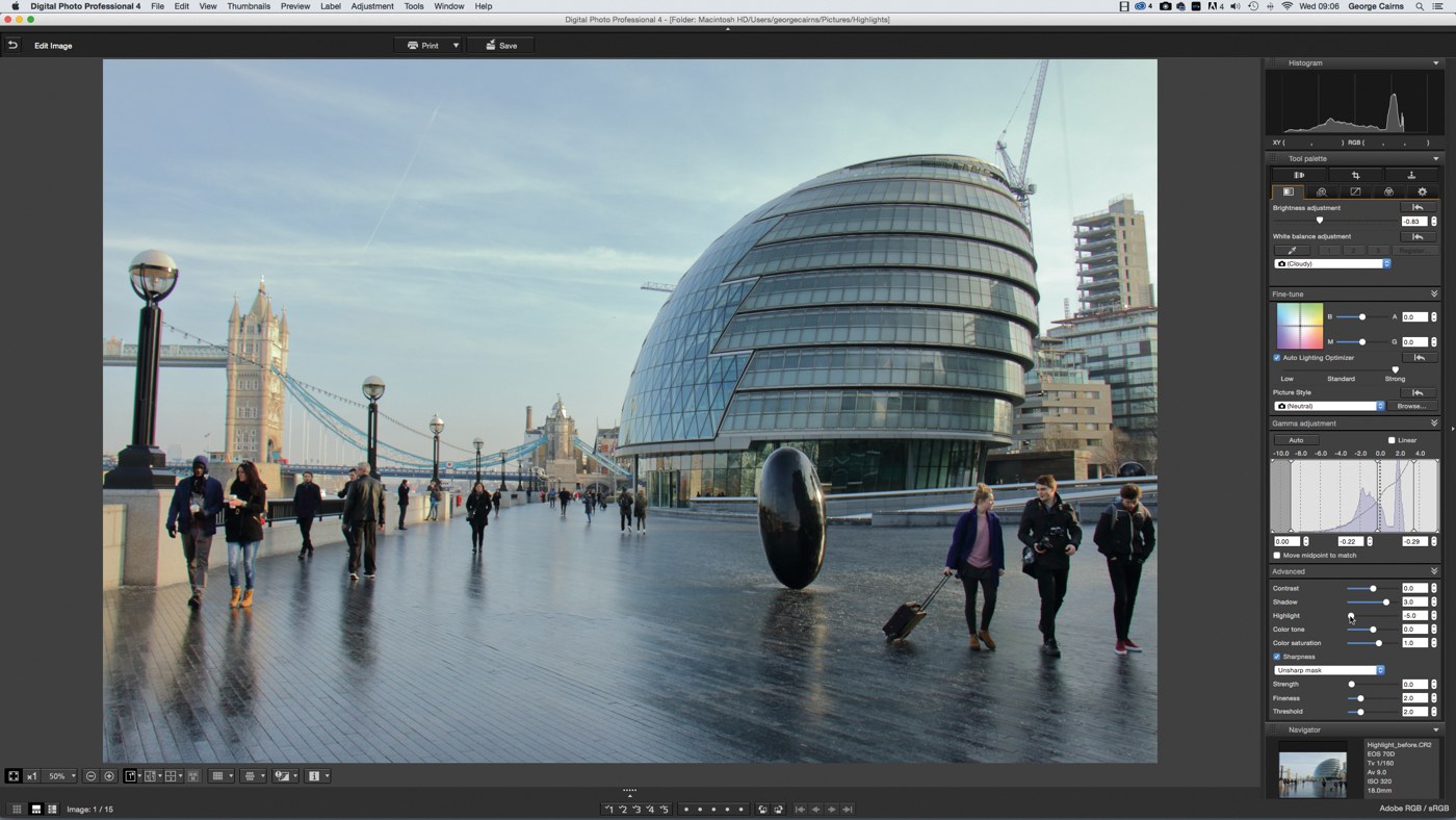 Коррекция ярких участков изображения в Canon Digital Photo Professional
