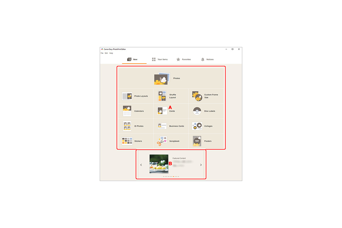 Стартовый экран Canon Easy-PhotoPrint Editor с типами печатных проектов