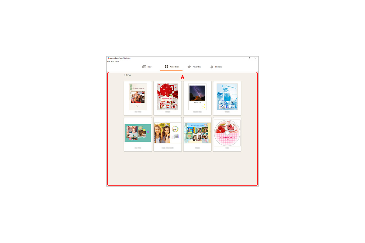 Раздел Your Items с сохраненными проектами Canon Easy-PhotoPrint Editor