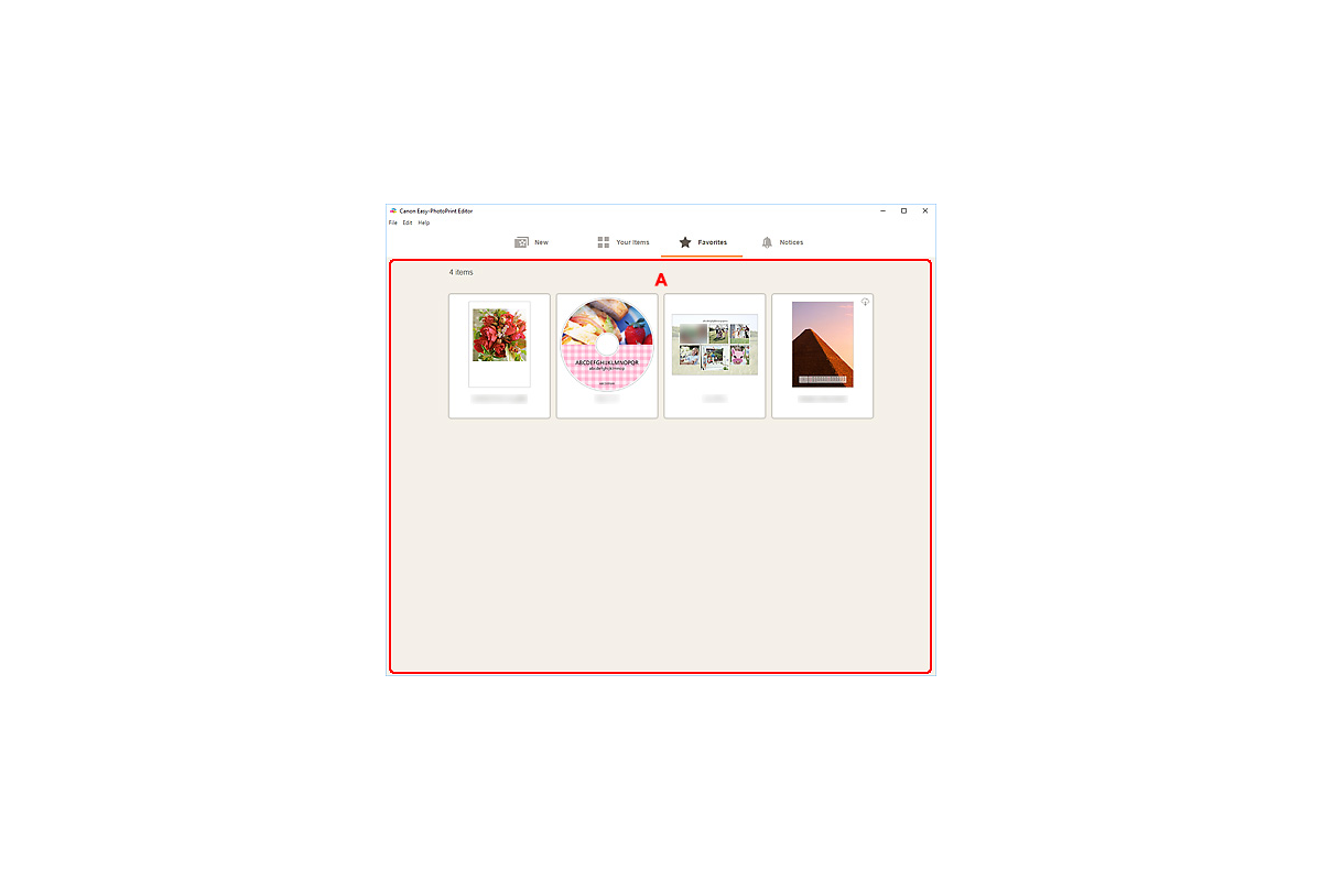 Раздел Favorites с отмеченными шаблонами Canon Easy-PhotoPrint Editor