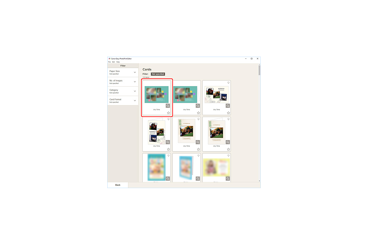 Выбор шаблонов Cards в Canon Easy-PhotoPrint Editor