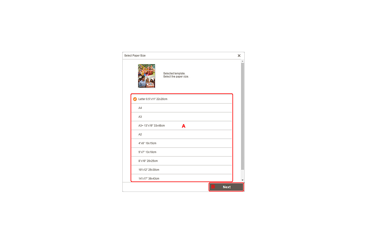 Экран Select Paper Size в Canon Easy-PhotoPrint Editor