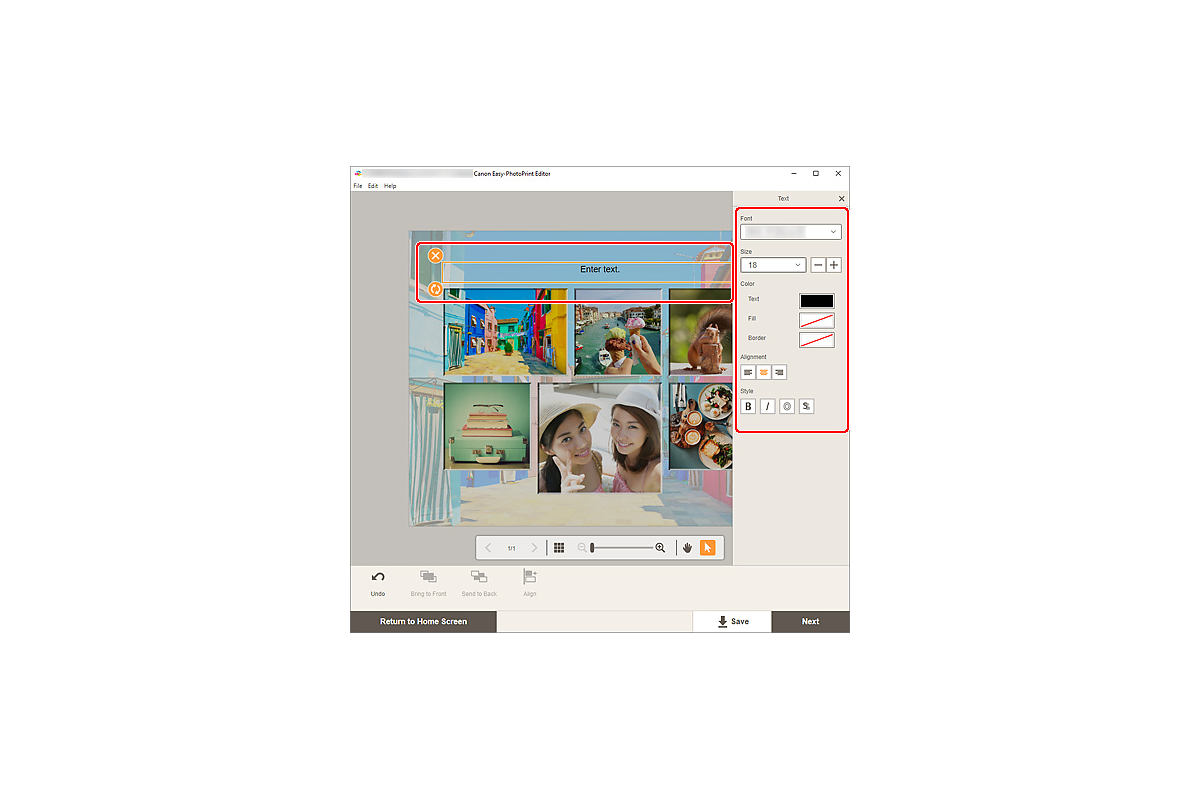 Редактирование текста в Canon Easy-PhotoPrint Editor