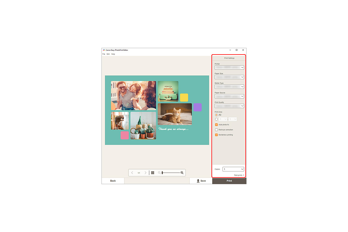 Print Settings для карточки в Canon Easy-PhotoPrint Editor