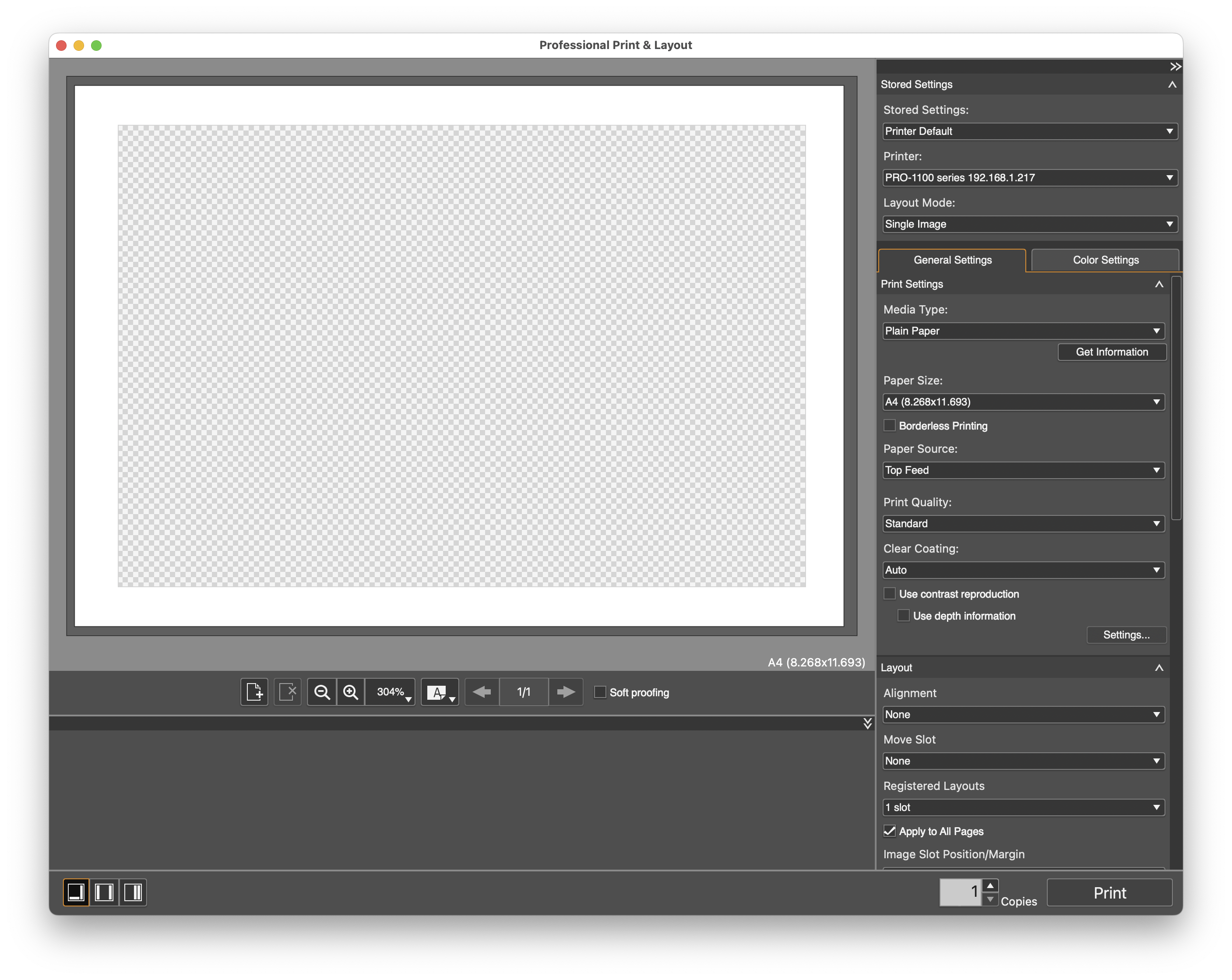 Основное окно Canon Professional Print & Layout с настройками печати