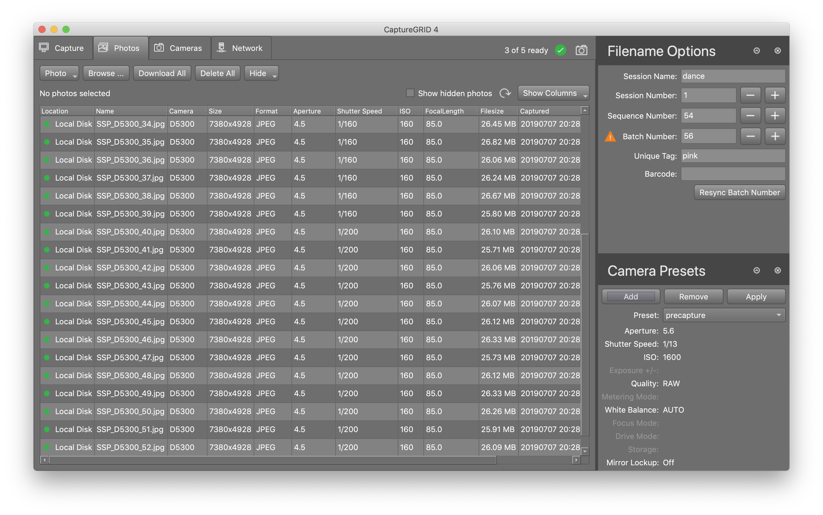 CaptureGRID 4: таблица фотографий, панели управления и работа с набором камер