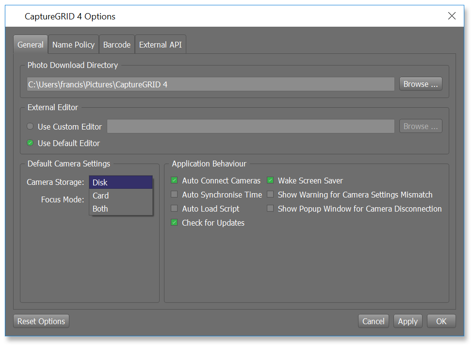 CaptureGRID 4: настройка Camera Storage по умолчанию в окне Options