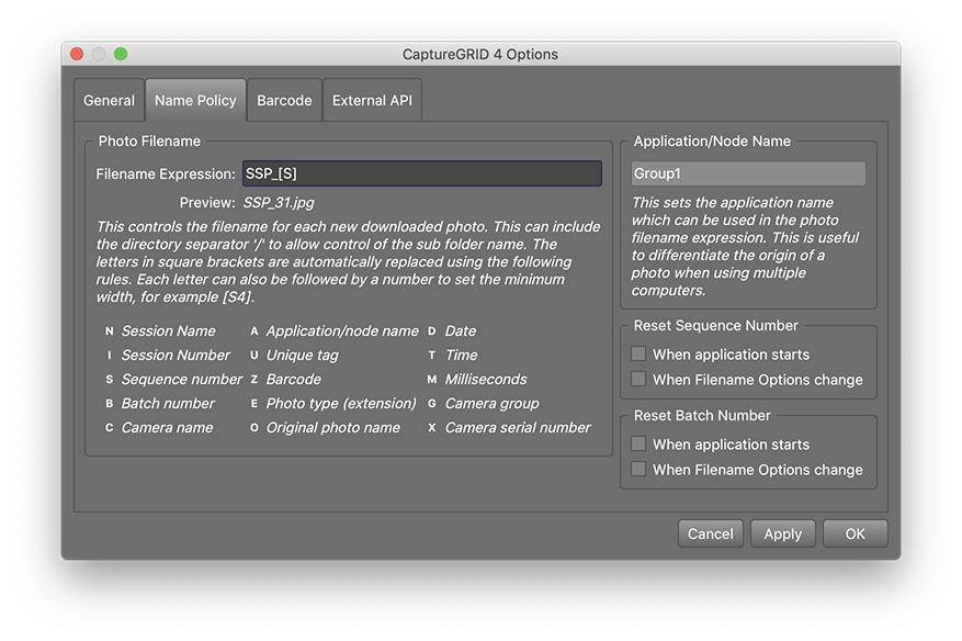 CaptureGRID 4: вкладка Name Policy с выражением для автоматического имени файла