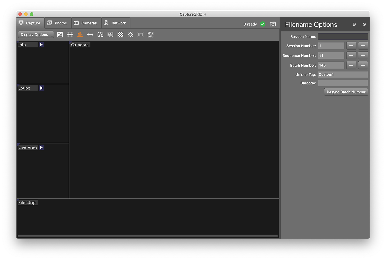 CaptureGRID 4: окно Filename Options с полями сессии, счётчиками и штрихкодом