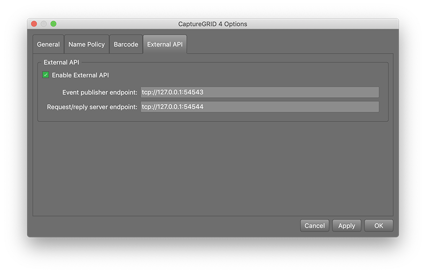 CaptureGRID 4: включение External API и параметры ZeroMQ endpoints