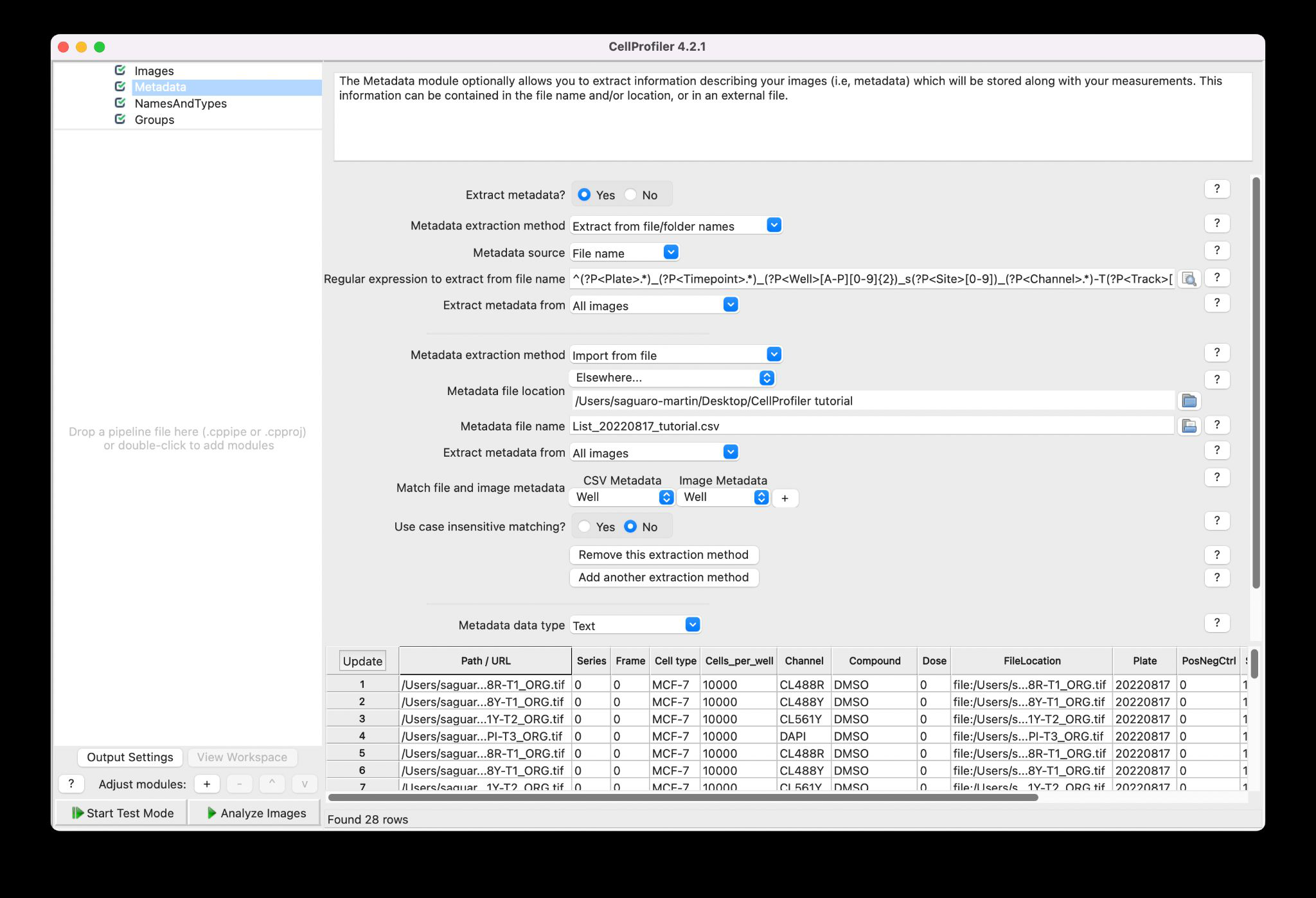 Настройка извлечения метаданных в CellProfiler