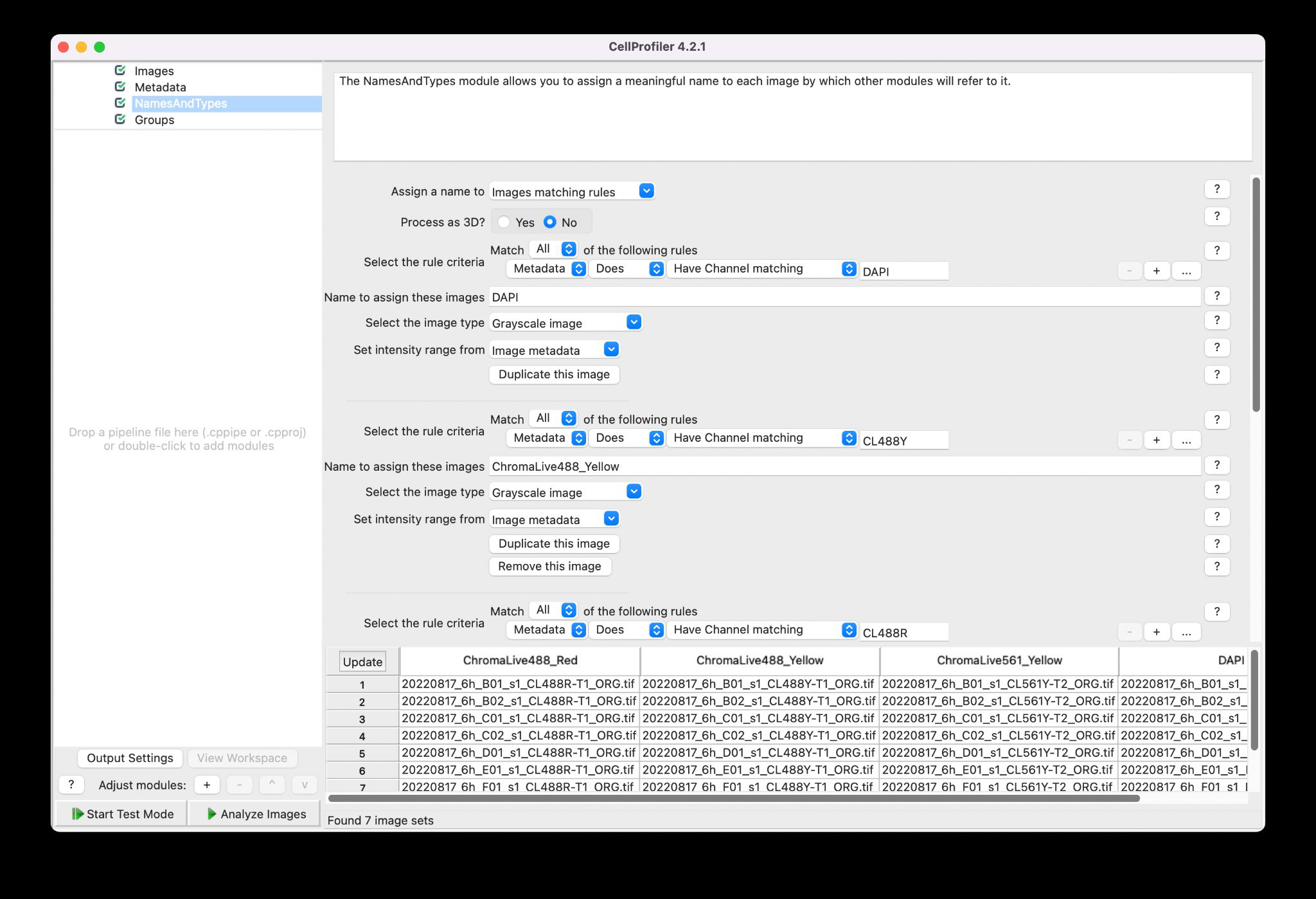 Настройка каналов в NamesAndTypes CellProfiler