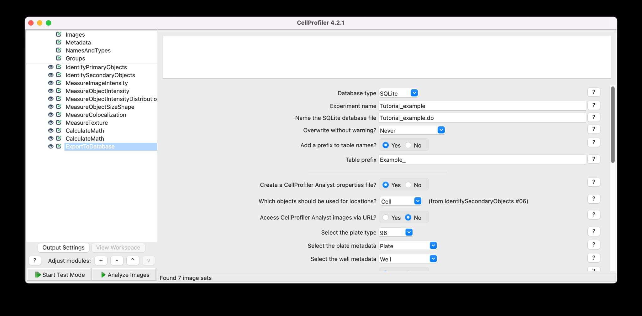 Параметры ExportToSpreadsheet в CellProfiler