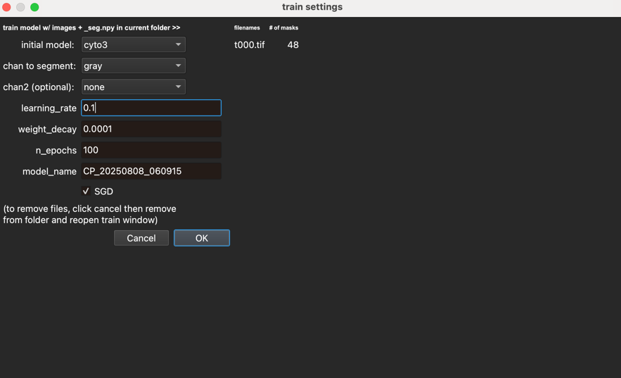 Диалог параметров обучения пользовательской модели Cellpose GUI