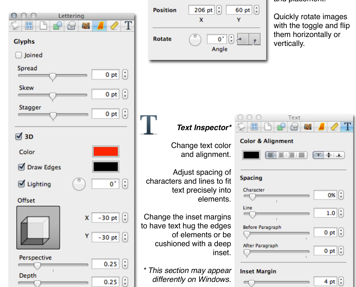 Инструменты Lettering, Metrics и Text Inspector в Comic Life