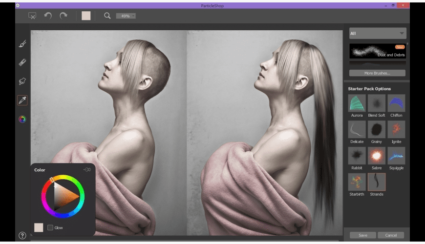 Рабочее окно Corel ParticleShop и палитра цвета