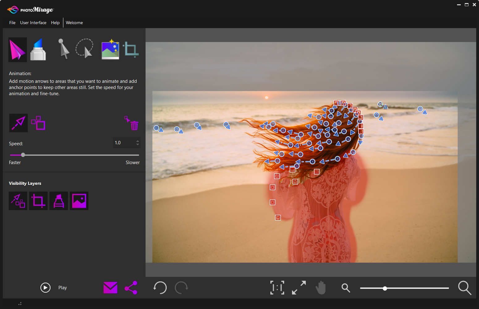 Рабочее пространство Corel PhotoMirage с панелью инструментов и маркерами
