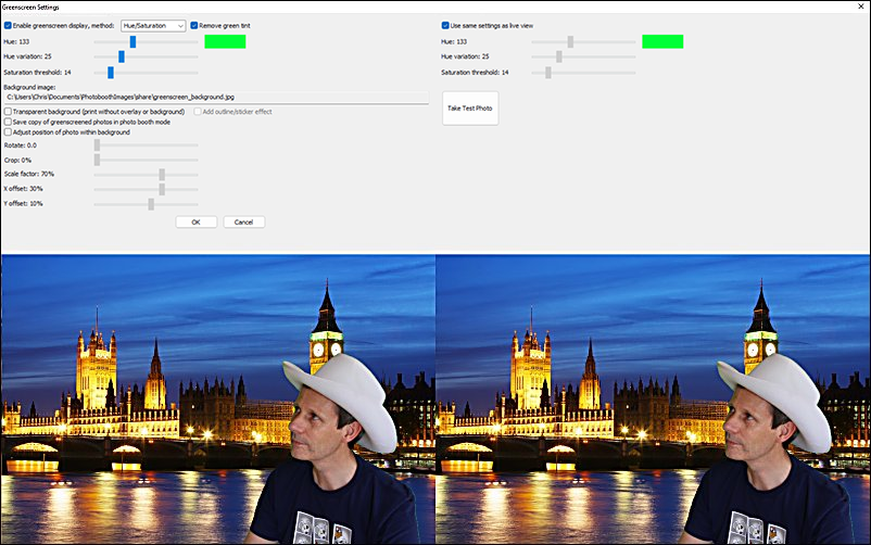 Окно Greenscreen Settings DSLR Remote Pro с параметрами хромакея
