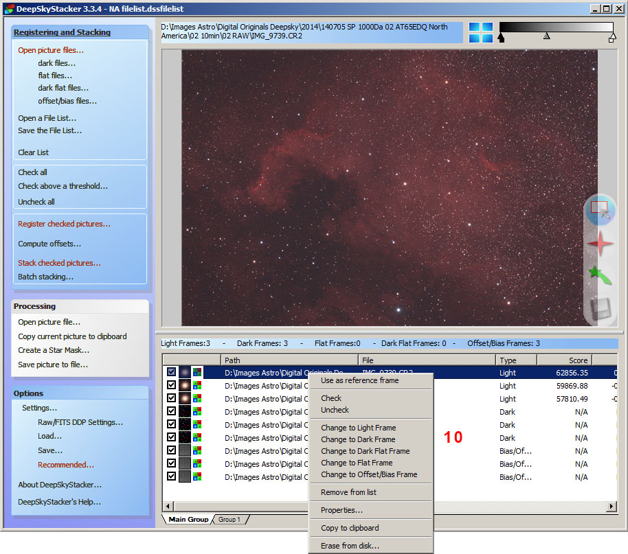 Контекстное меню кадра в списке DeepSkyStacker