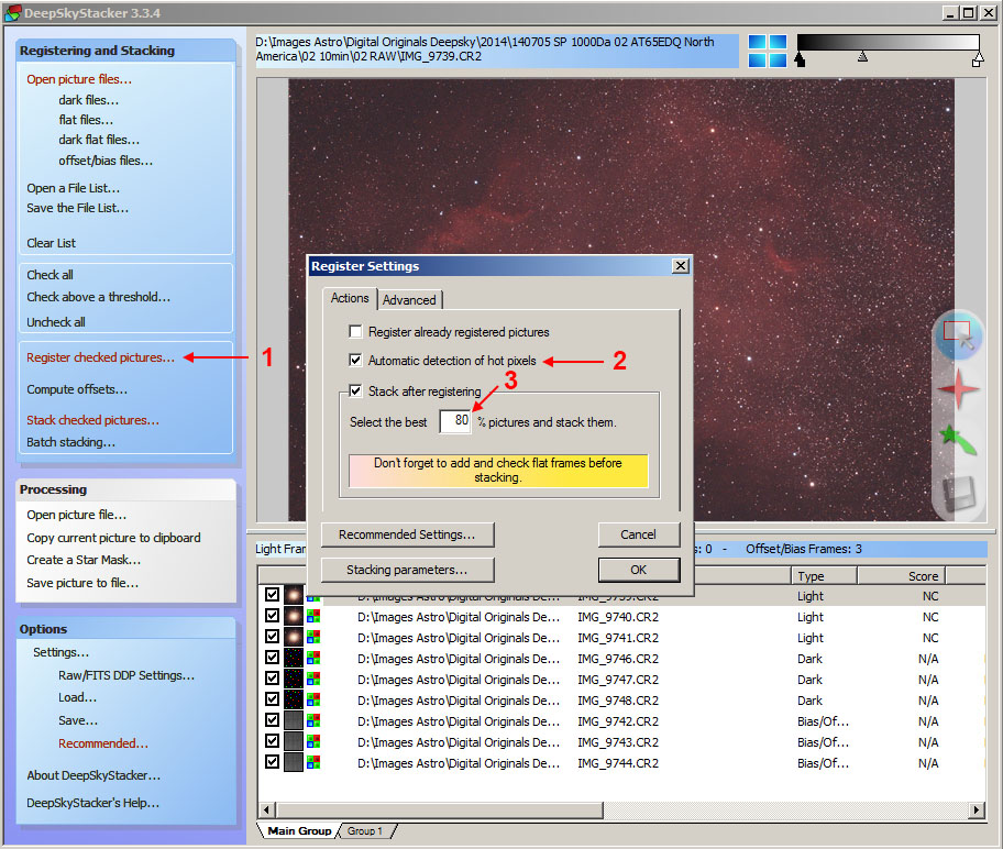 Параметры регистрации кадров в DeepSkyStacker