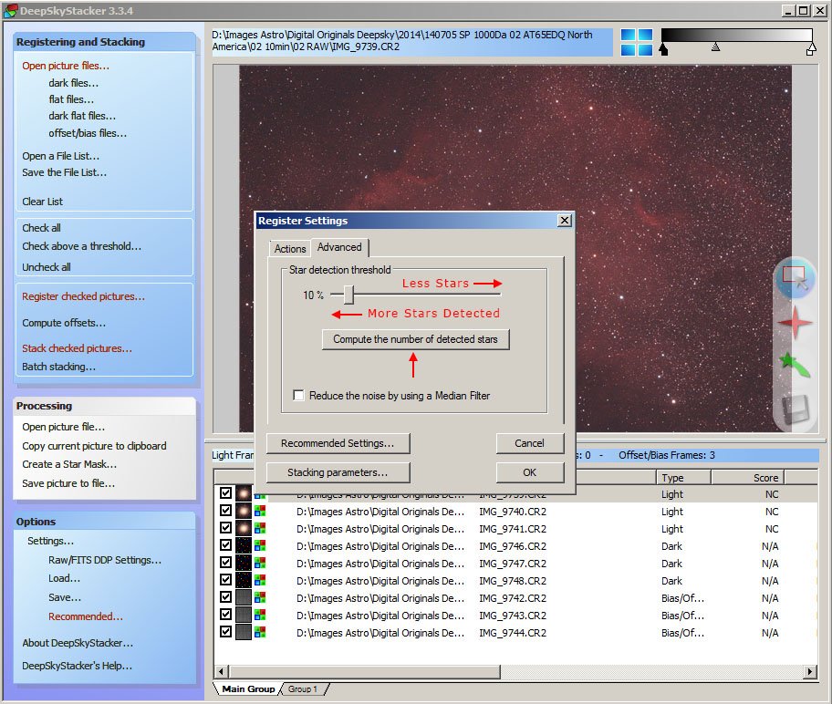 Расширенные настройки обнаружения звёзд DeepSkyStacker