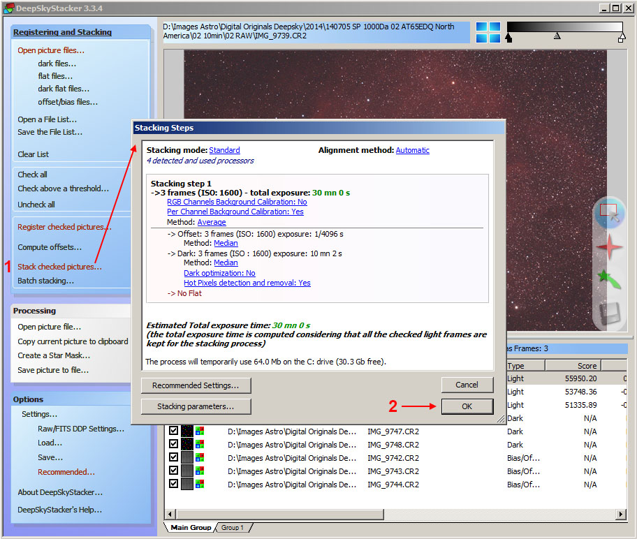 Шаги обработки перед сложением DeepSkyStacker