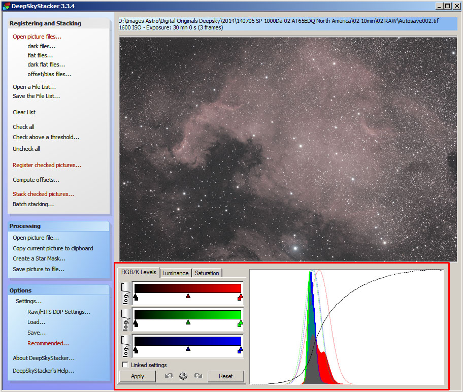 Панель корректировки изображения DeepSkyStacker