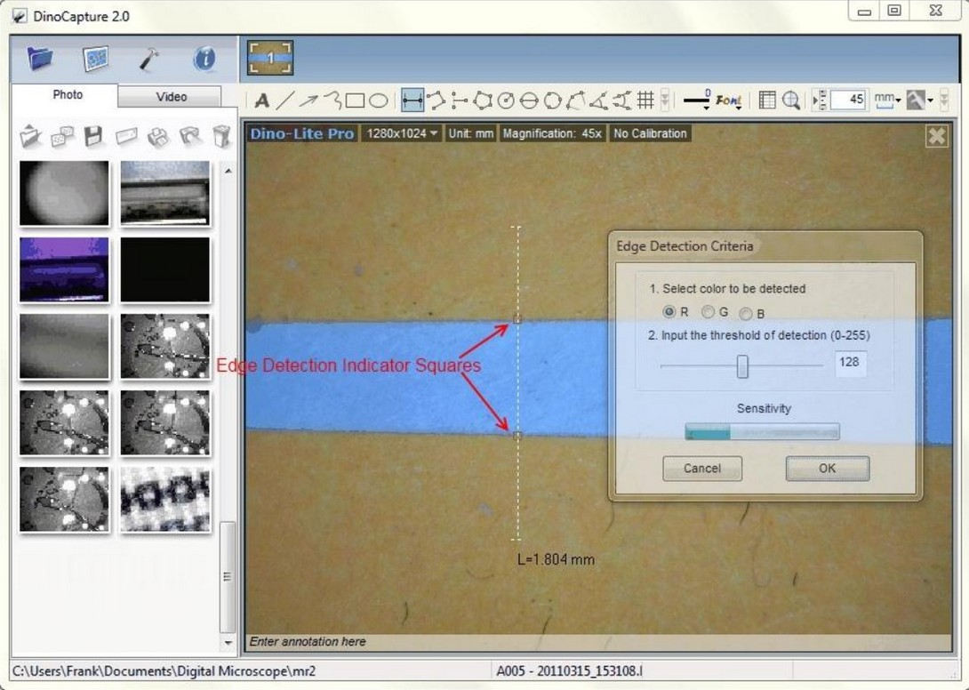 Окно Edge Detection Criteria в DinoCapture 2.0