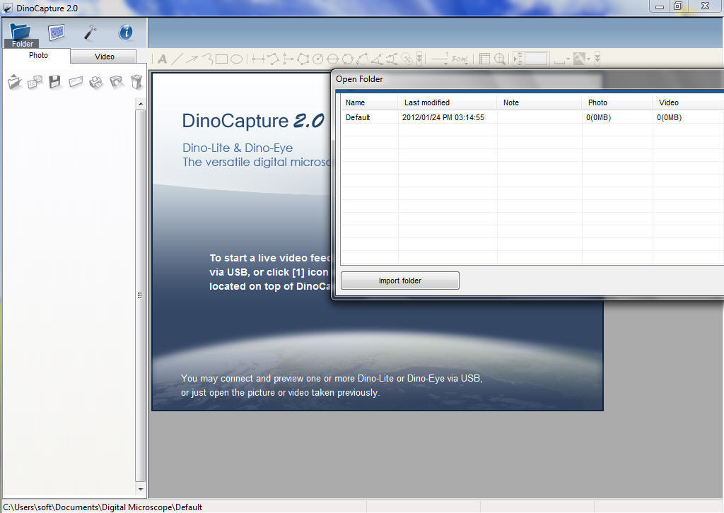 Окно выбора папки Open Folder в DinoCapture 2.0