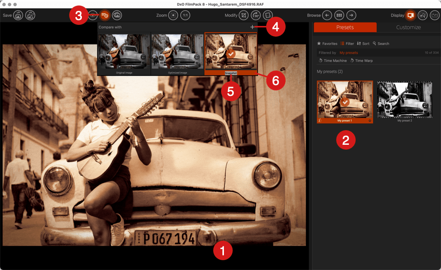 Снимки состояний и выбор эталона в DxO FilmPack