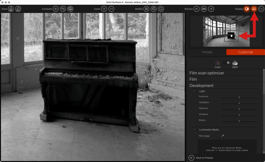 Навигатор при увеличении фотографии в DxO FilmPack