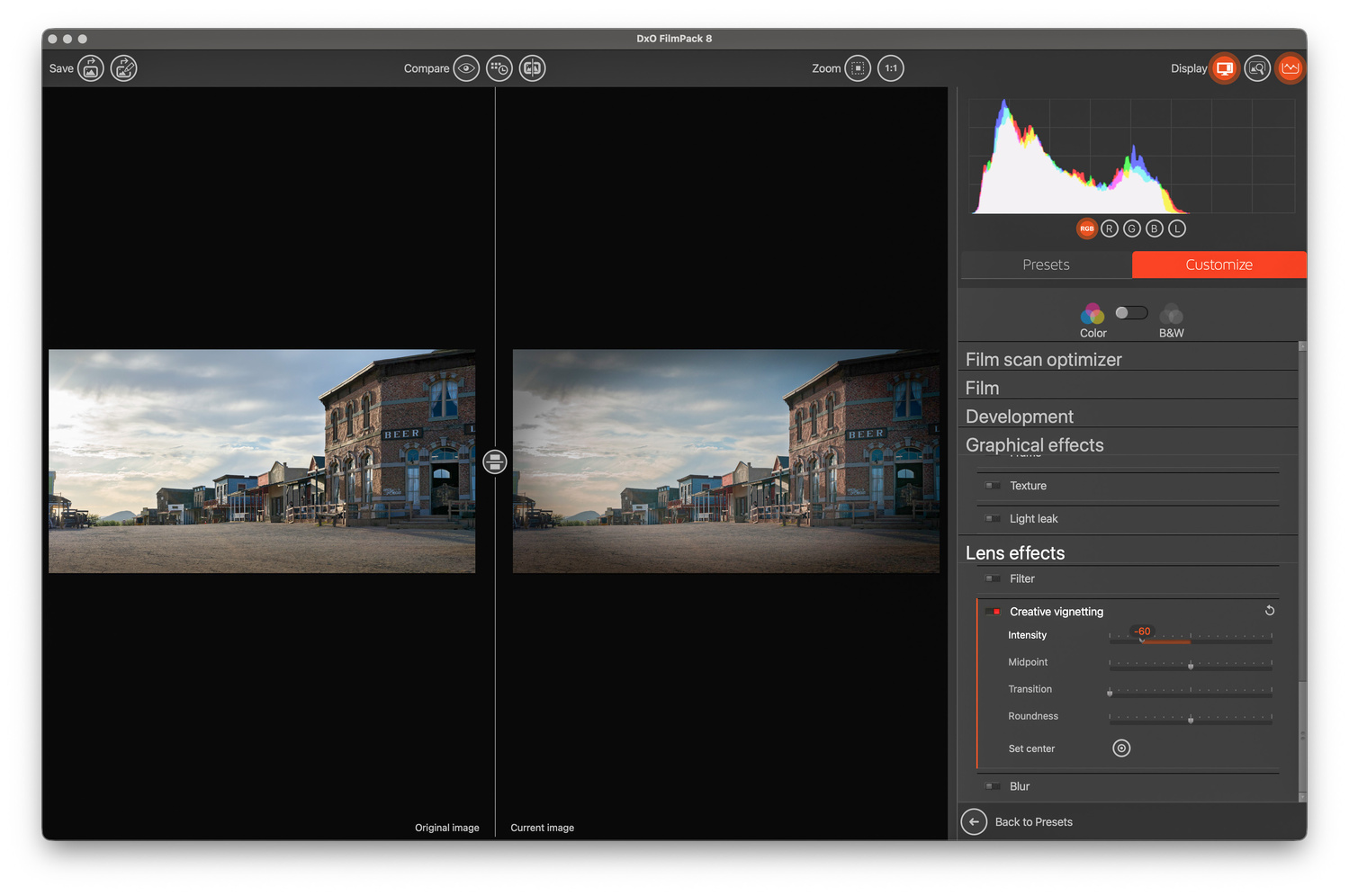 Настройки Creative vignetting в DxO FilmPack