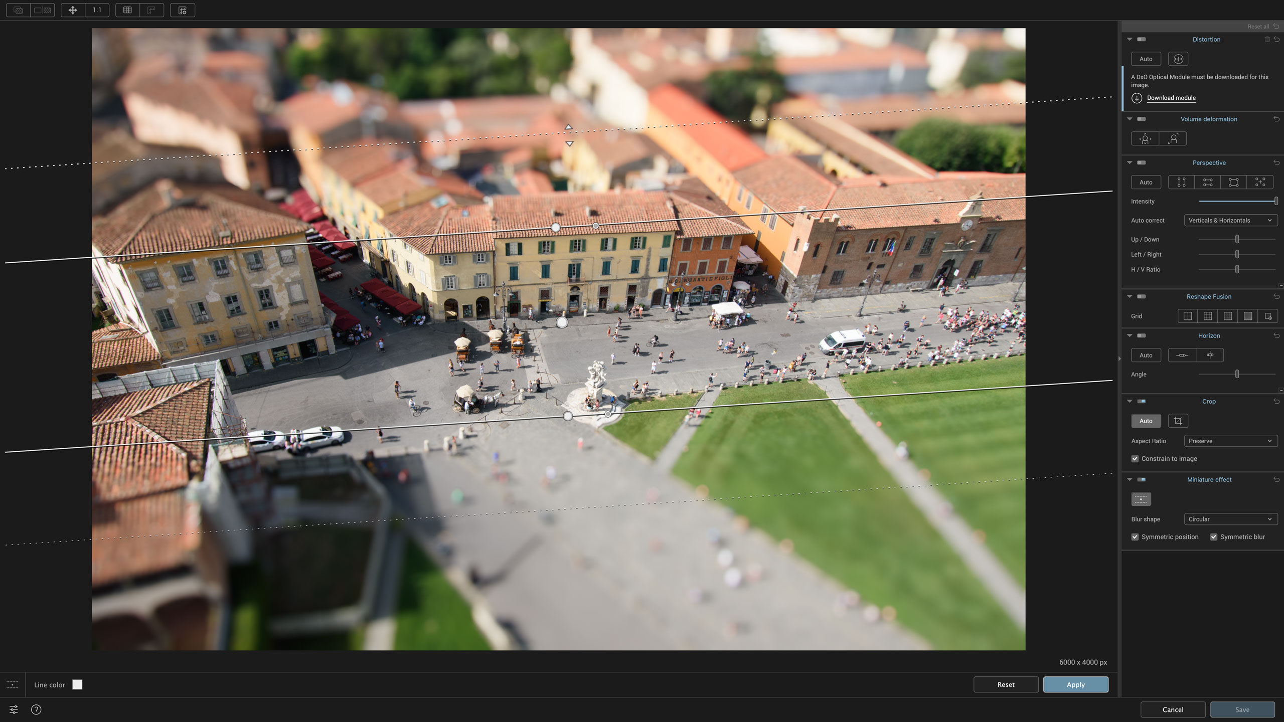 Настройка эффекта миниатюры в DxO ViewPoint