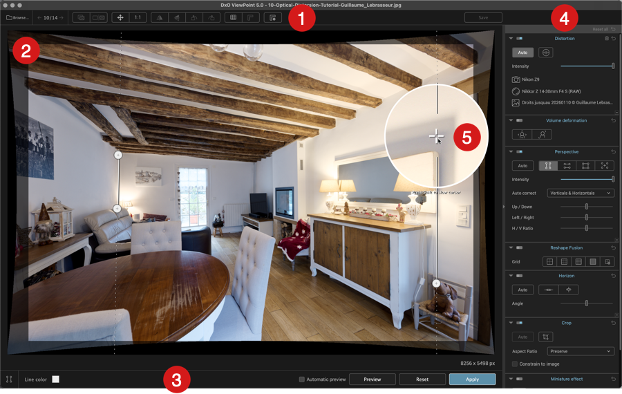 Интерфейс DxO ViewPoint с фотографией и панелью геометрических инструментов