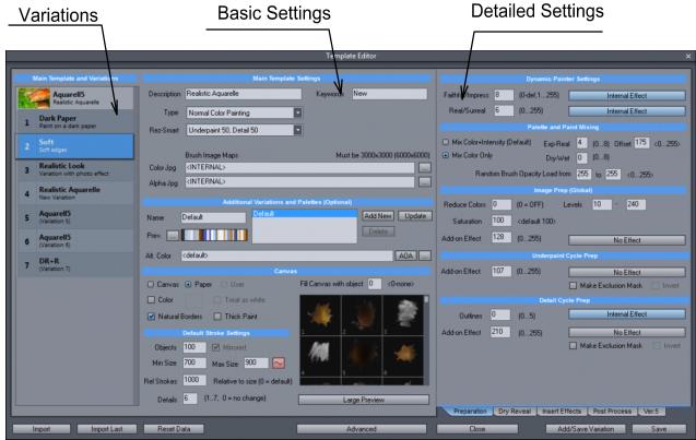 Template Editor с базовыми и детальными настройками Dynamic Auto Painter
