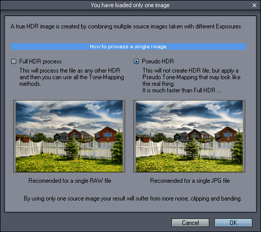 Dynamic Photo HDR: выбор Full HDR process или Pseudo HDR для одного изображения