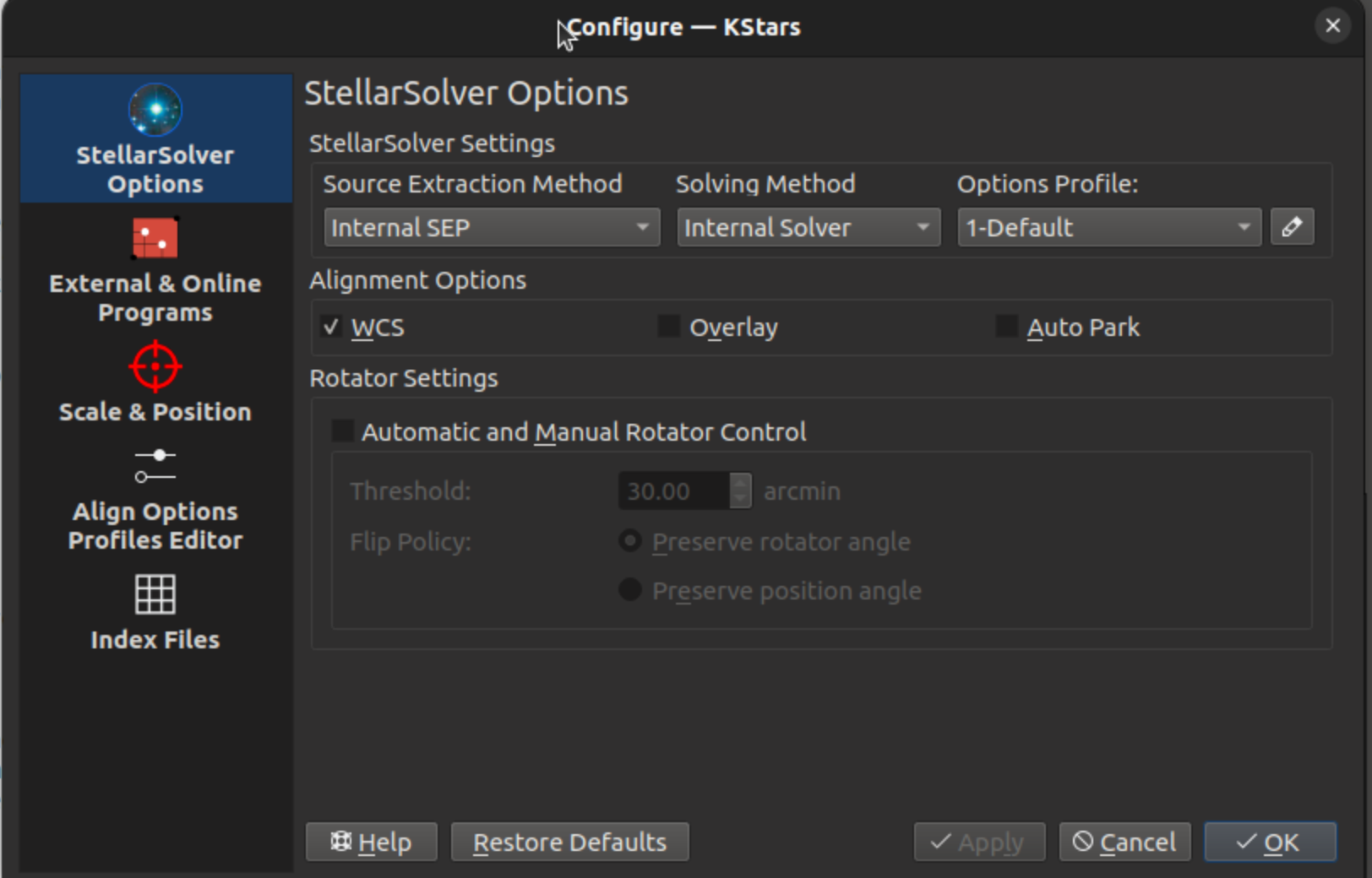 Параметры StellarSolver в настройках Align Ekos