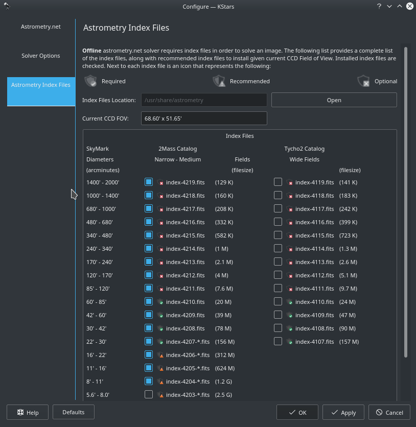 Настройки индексных файлов astrometry.net для Ekos